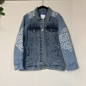 Avec Les Filles Floral Patchwork Denim Jacket Womens Large Boho Jean Coat Blue